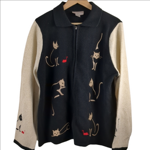 Tanjay Cat Lady Embroidered Cardigan Sweater L